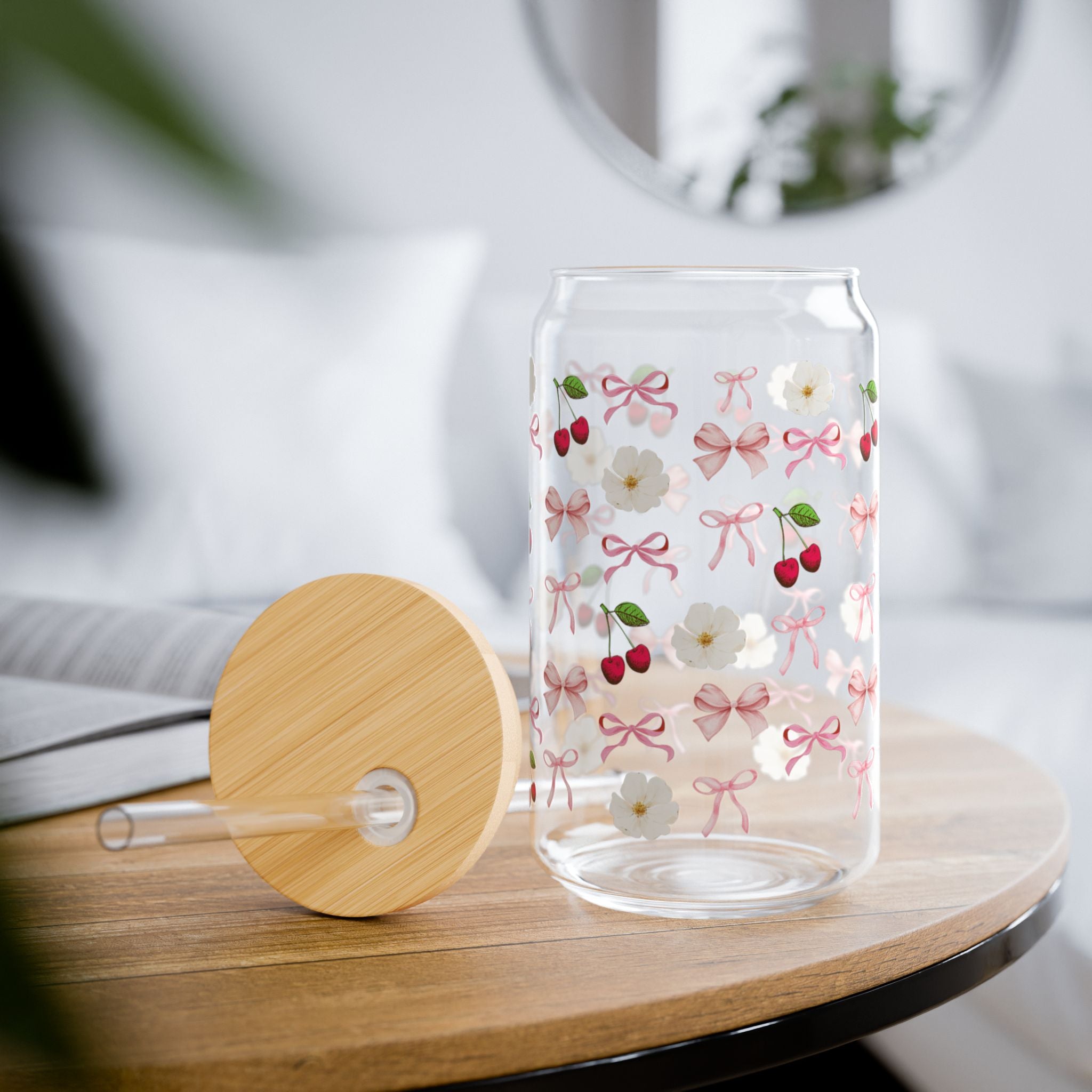 Charming Floral Sipper Glass, 16oz - Cherries & Bows