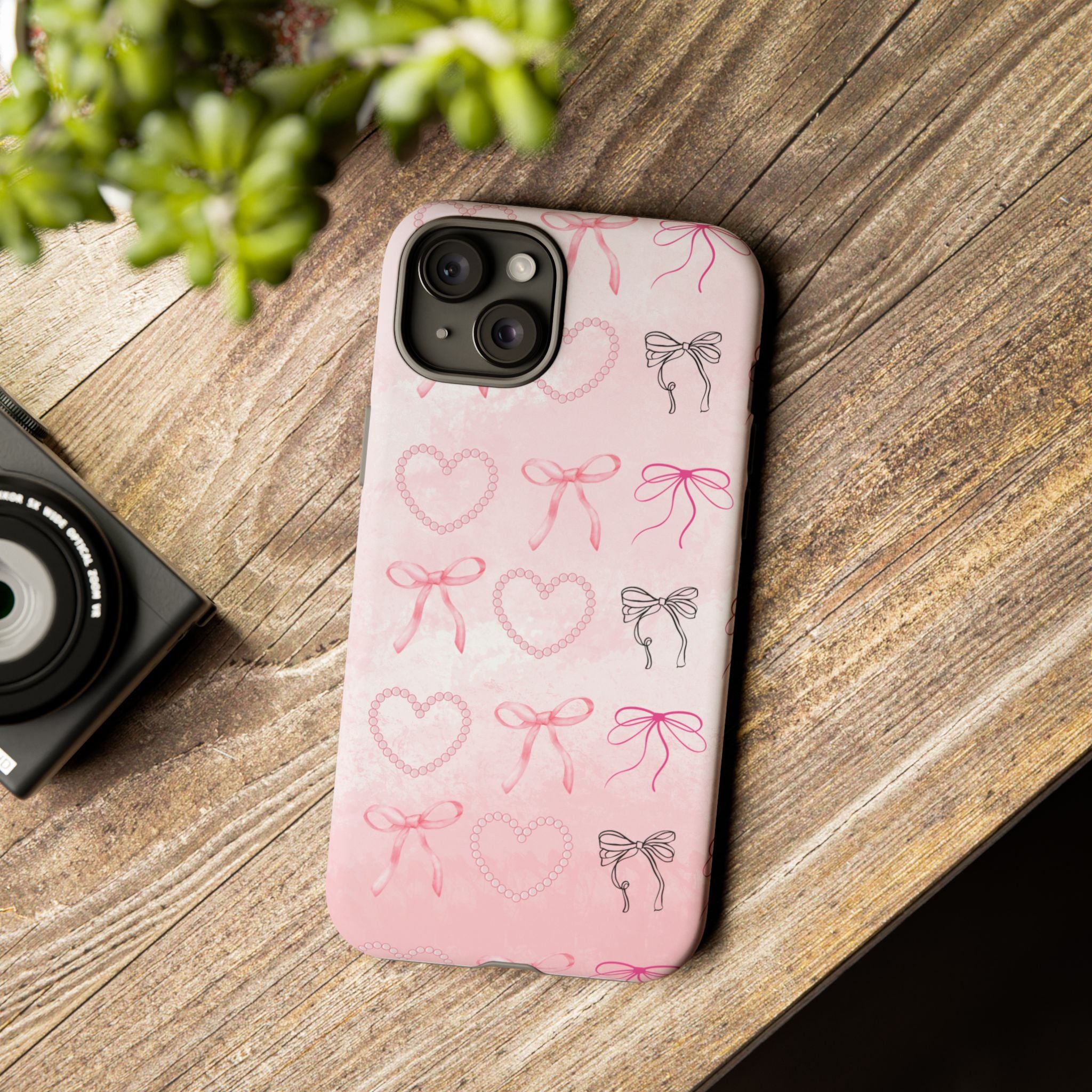 Cute Bow Phone Case, Tough Phone Cover, Pink Heart Design