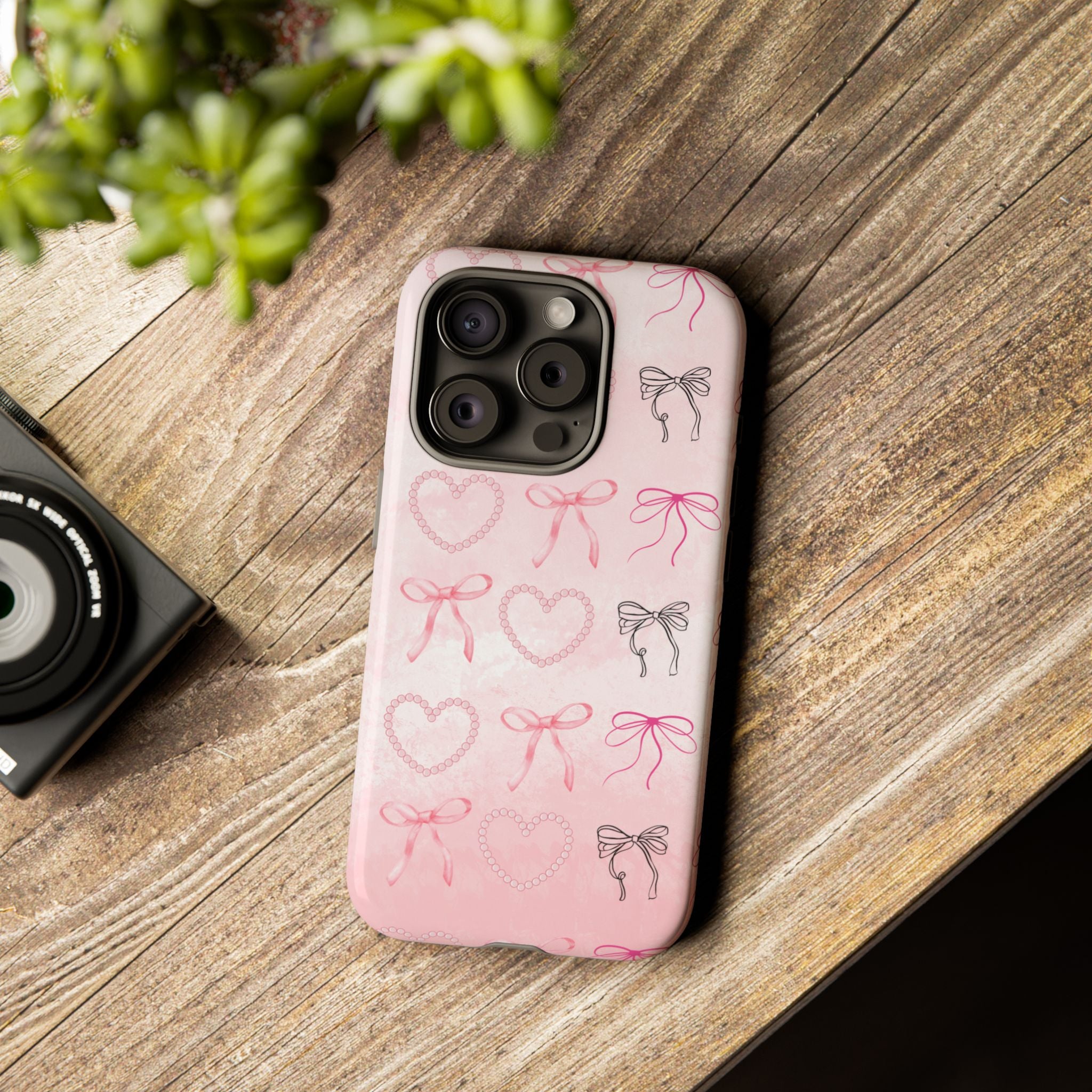 Cute Bow Phone Case, Tough Phone Cover, Pink Heart Design