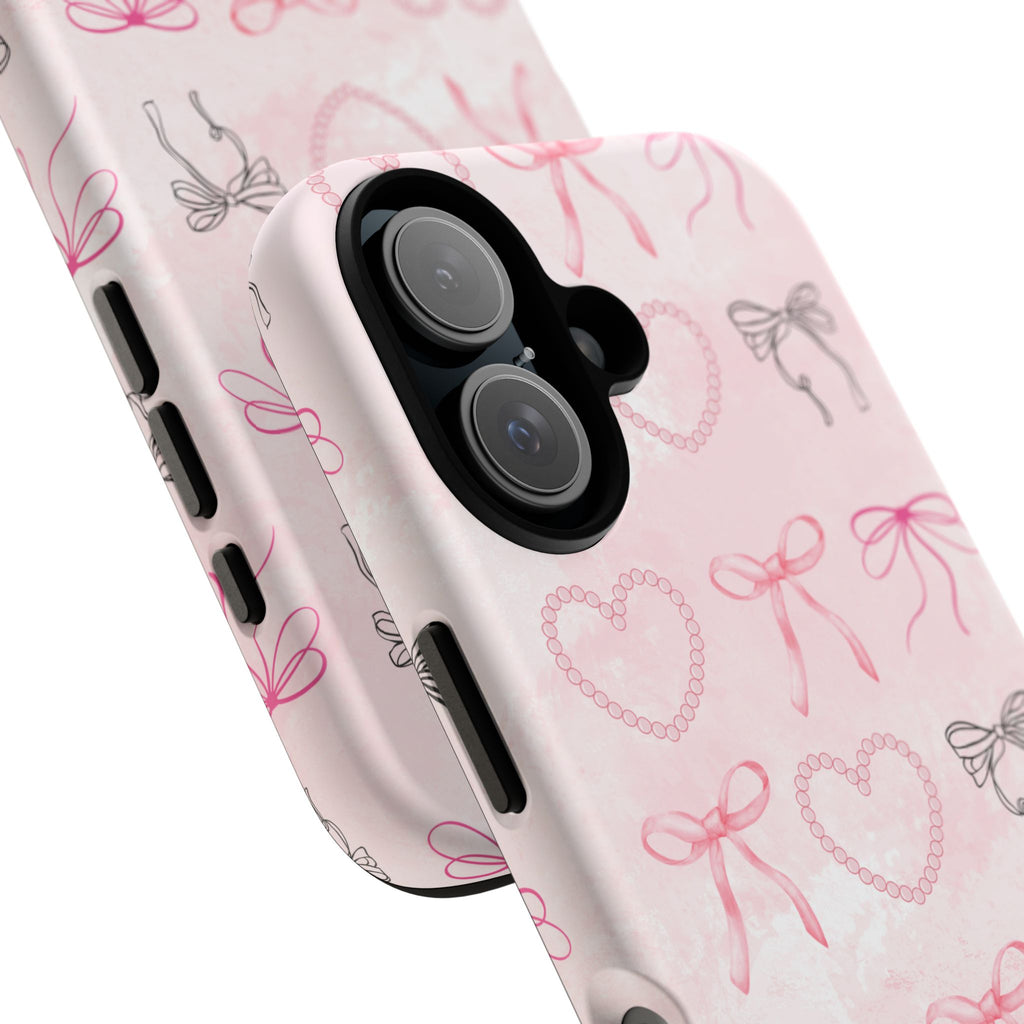 Cute Bow Phone Case, Tough Phone Cover, Pink Heart Design