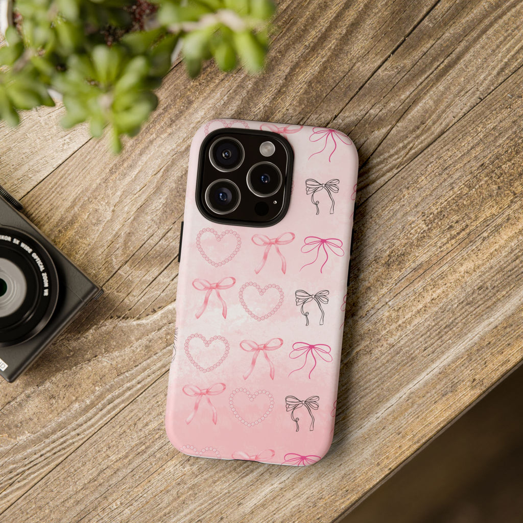 Cute Bow Phone Case, Tough Phone Cover, Pink Heart Design