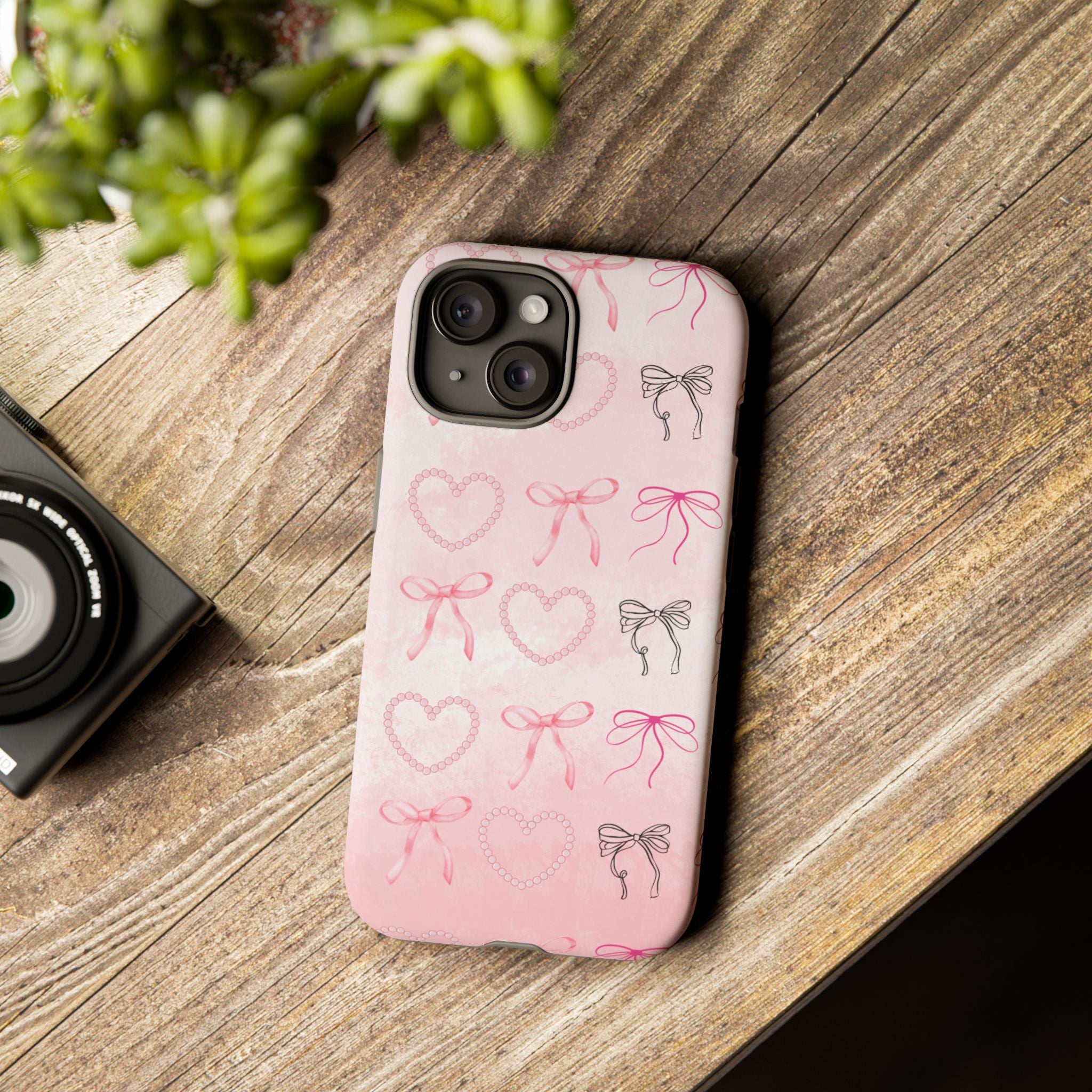 Cute Bow Phone Case, Tough Phone Cover, Pink Heart Design