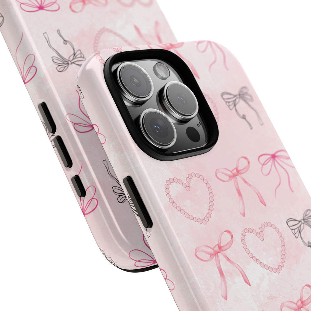 Cute Bow Phone Case, Tough Phone Cover, Pink Heart Design