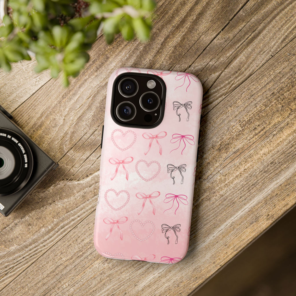 Cute Bow Phone Case, Tough Phone Cover, Pink Heart Design
