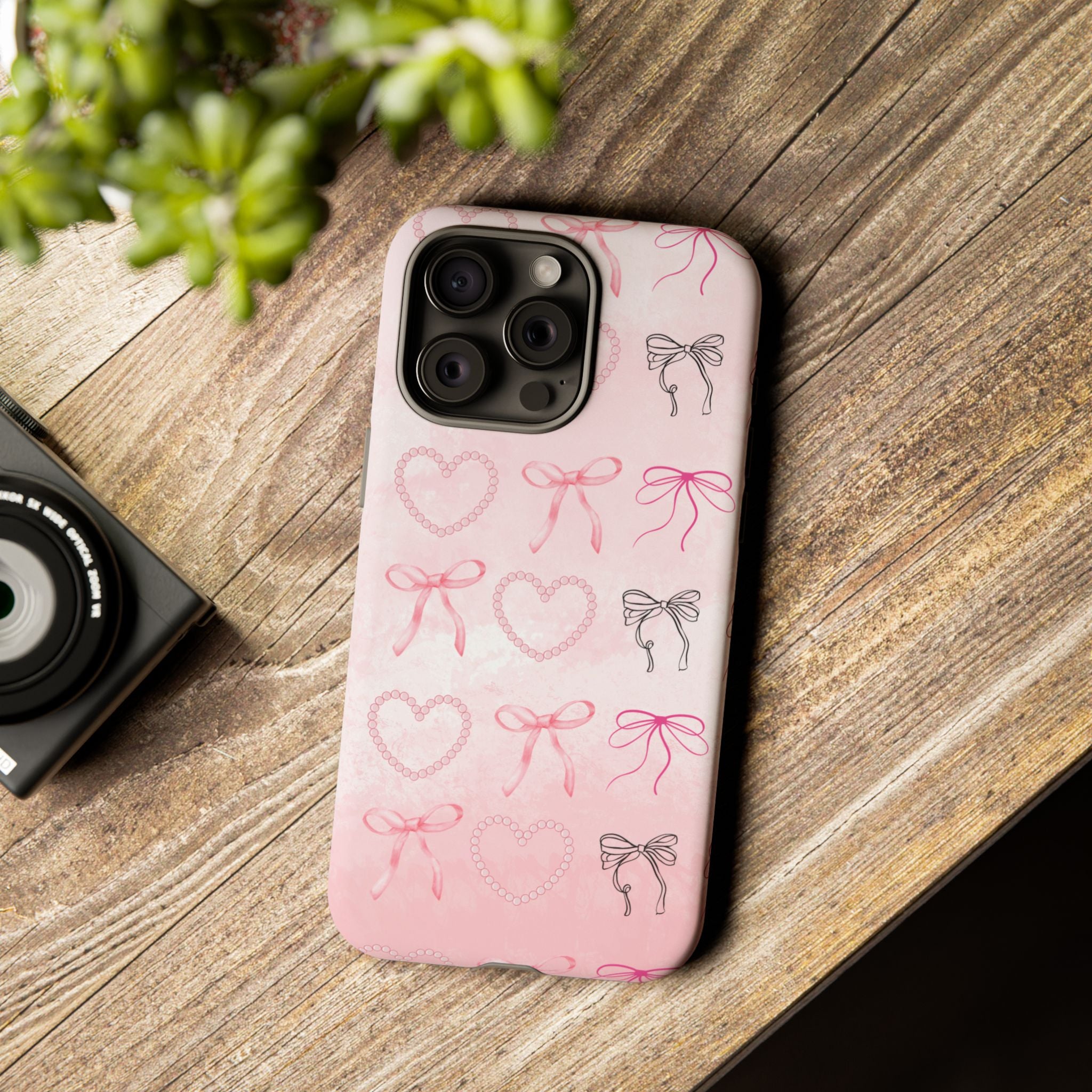 Cute Bow Phone Case, Tough Phone Cover, Pink Heart Design