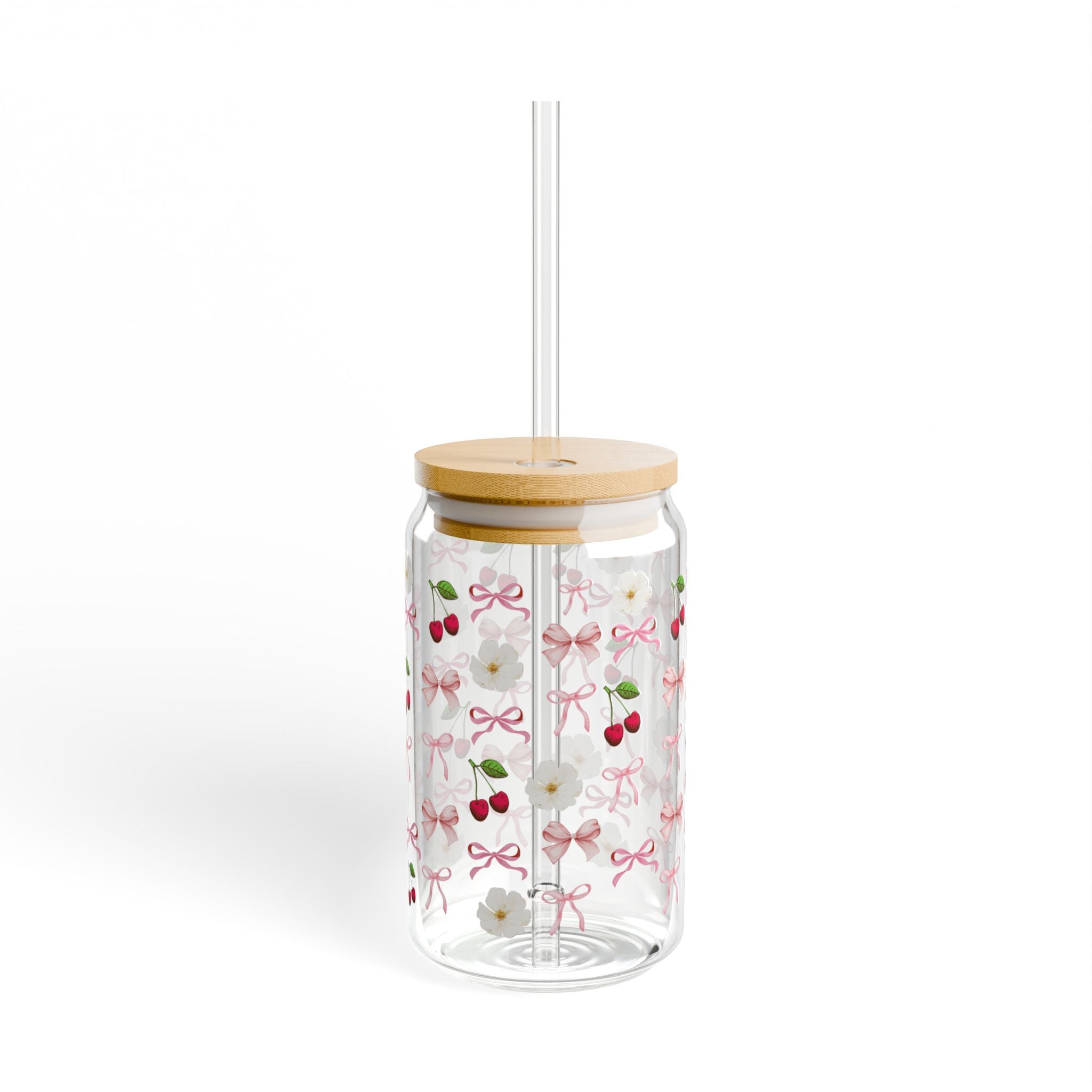 Charming Floral Sipper Glass, 16oz - Cherries & Bows