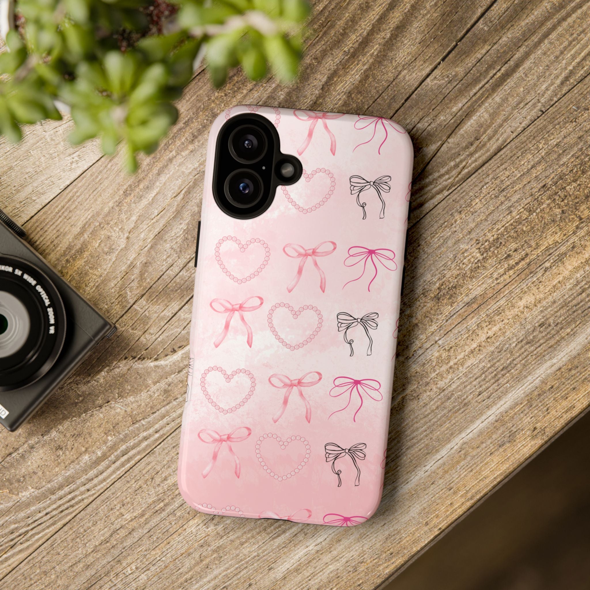 Cute Bow Phone Case, Tough Phone Cover, Pink Heart Design