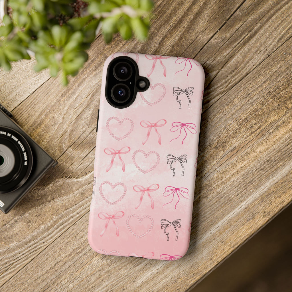 Cute Bow Phone Case, Tough Phone Cover, Pink Heart Design